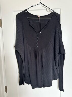 Free People Black Waffle Henley Long-Sleeve Top